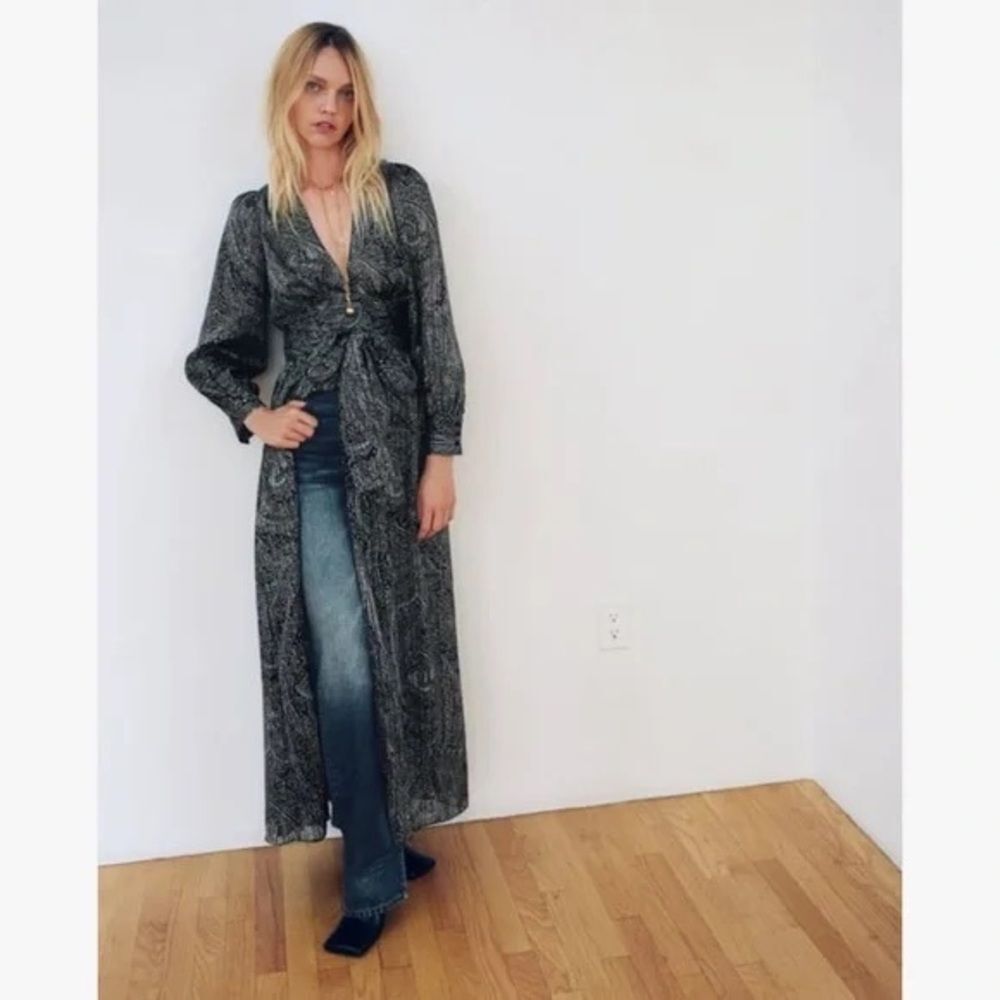 ZARA Paisley Print Grey/Black Maxi Tie Waste Dress Size S - Picture 2 of 14